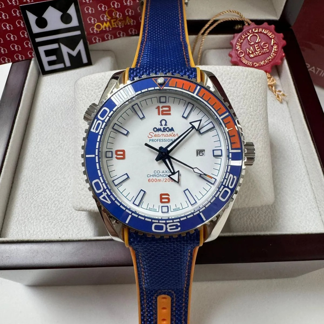 Omega Seamaster Planet Ocean „Co-Axial Chronometer“ – Blau/Orange | Weißes Zifferblatt