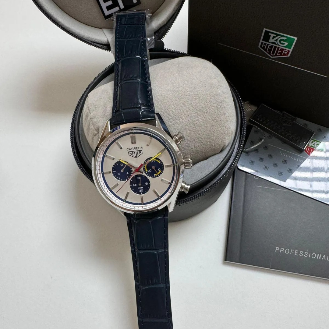 TAG Heuer Carrera Chronograph – Silber & Blau | Lederarmband