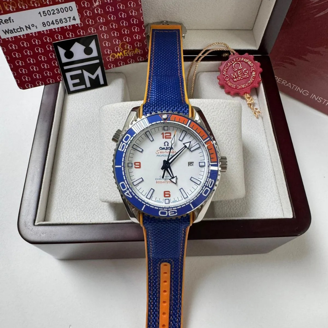 Omega Seamaster Planet Ocean „Co-Axial Chronometer“ – Blau/Orange | Weißes Zifferblatt