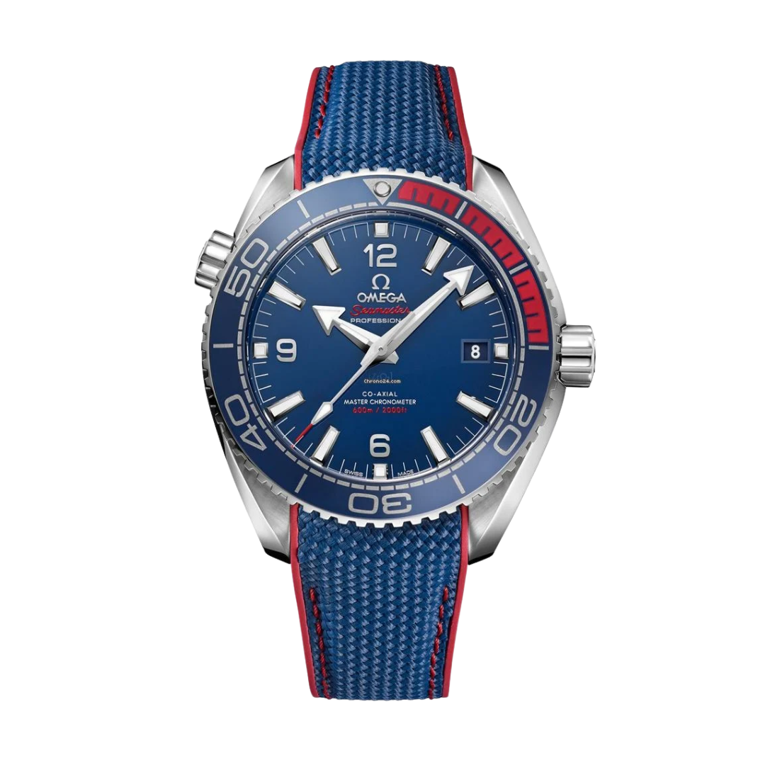 Omega Seamaster Planet Ocean „Co-Axial Master Chronometer“ – Blau/Rot | Textilarmband