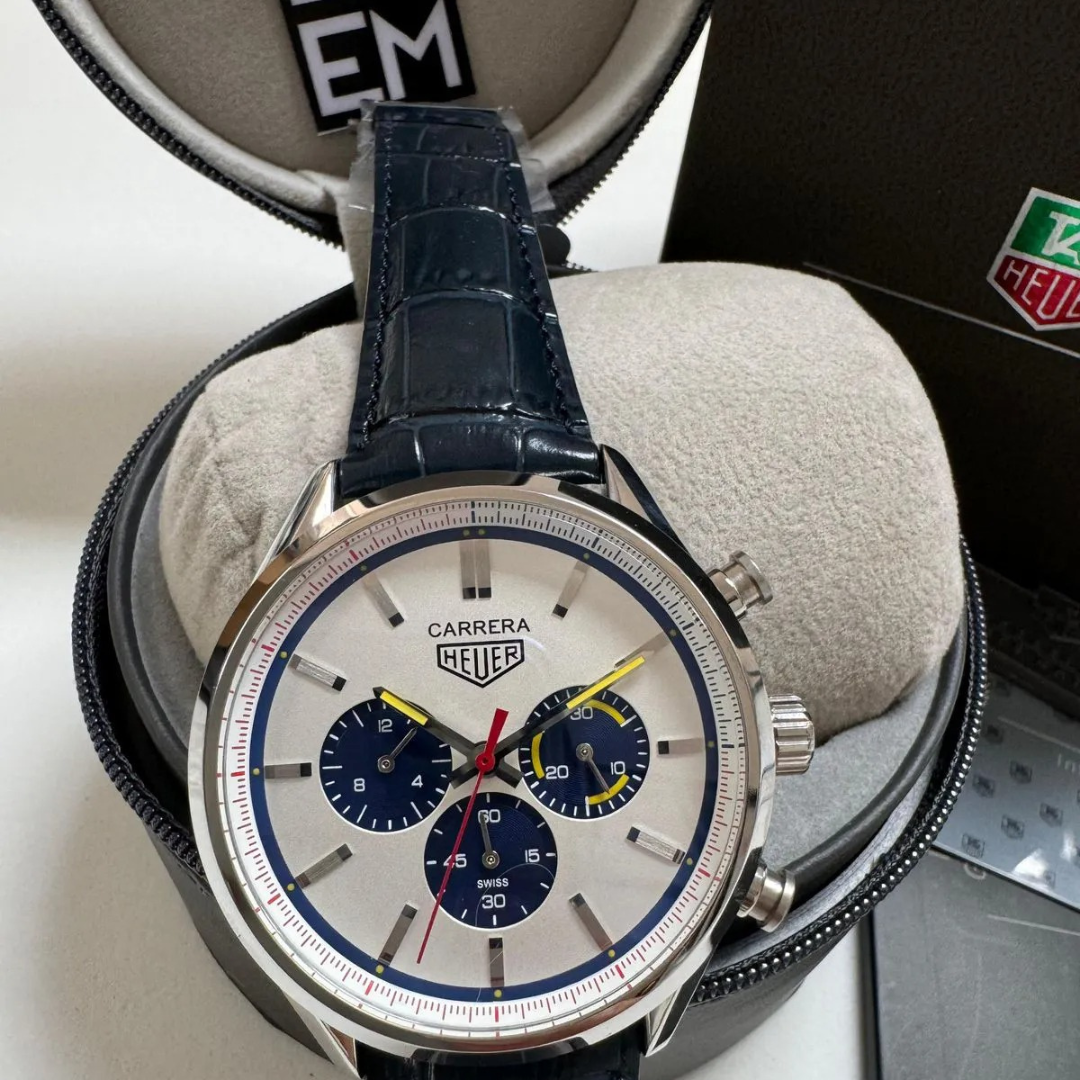 TAG Heuer Carrera Chronograph – Silber & Blau | Lederarmband