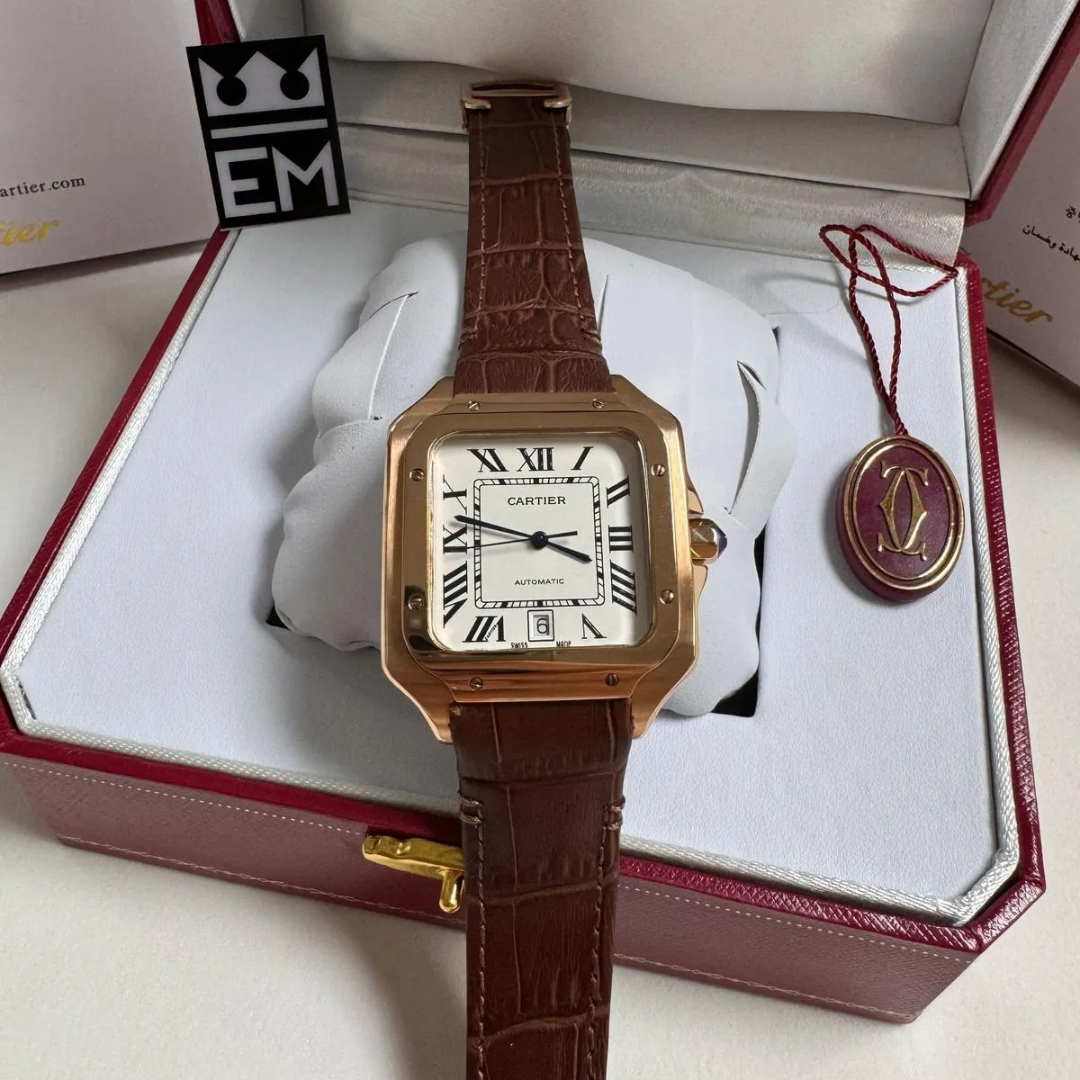 Cartier Santos Automatik – Gold mit Braunem Lederarmband