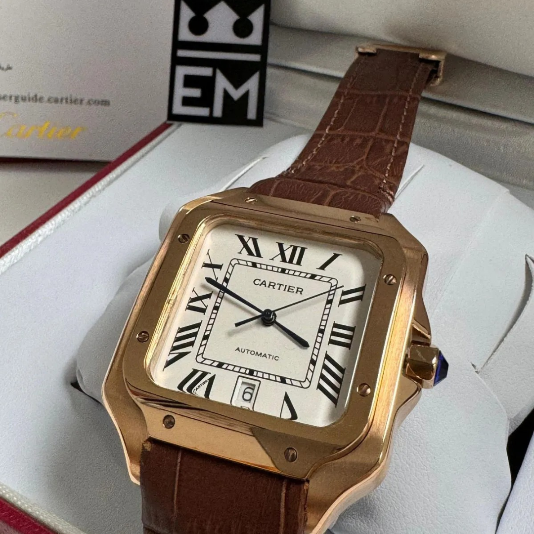 Cartier Santos Automatik – Gold mit Braunem Lederarmband