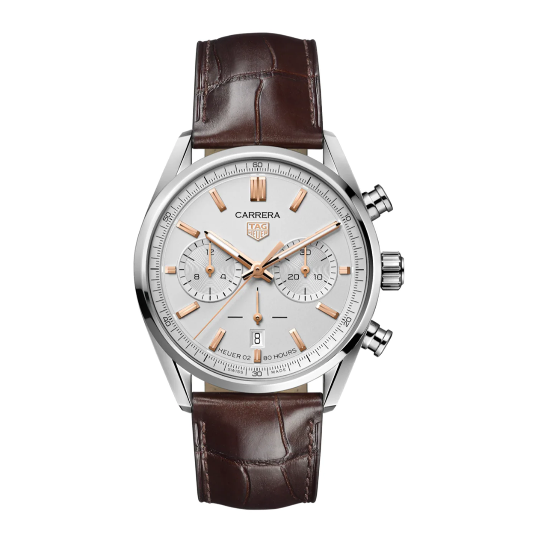 TAG Heuer Carrera Chronograph – Silber/Roségold Lederband Braun